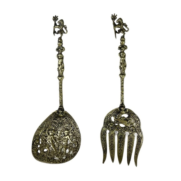 Vintage Ornate Brass Bronze Angel Cherub Serving Fork & Spoon‎ - Picture 1 of 10